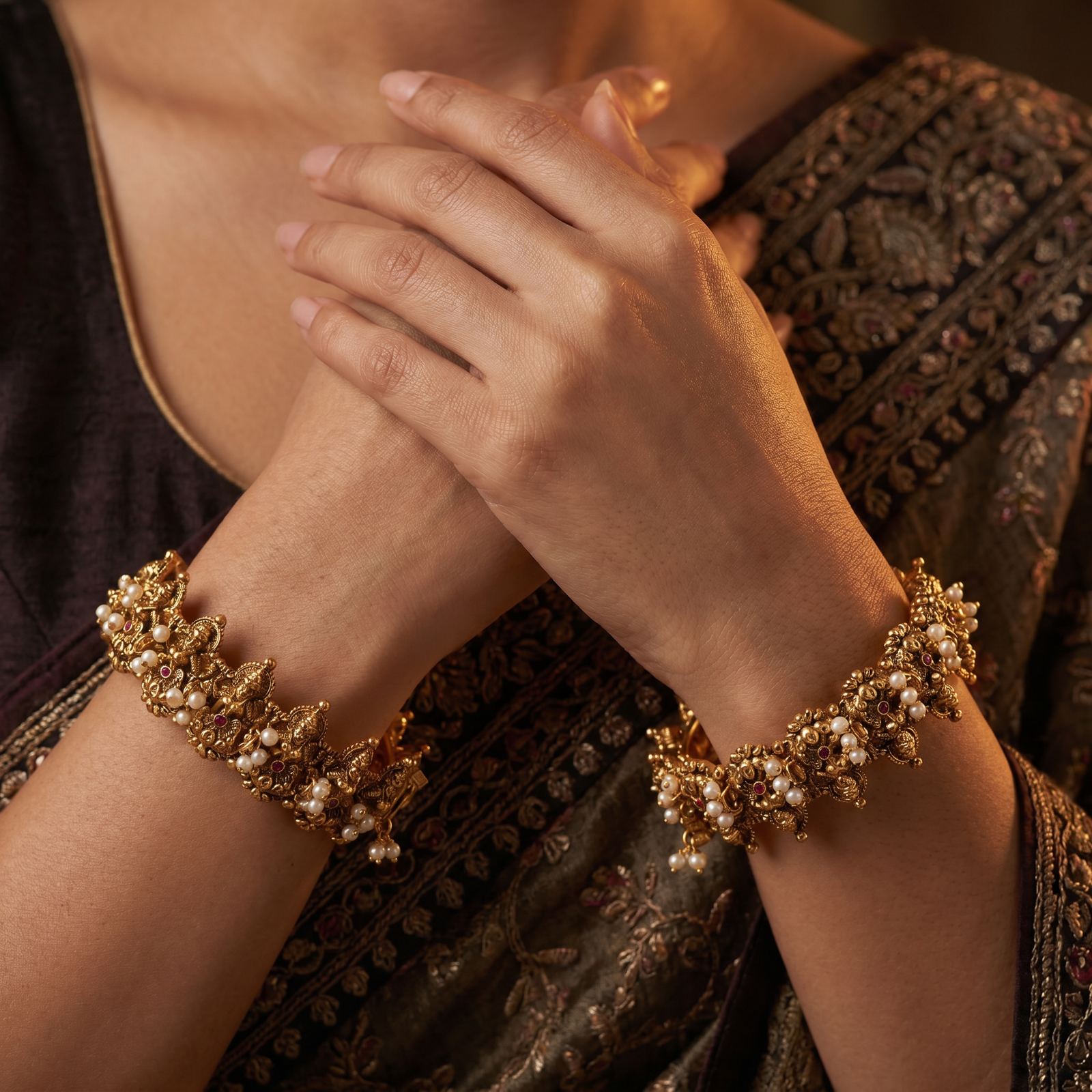 Lotus Lakshmi Antique Bangles with Structured Temple Layout and Pearl Accents