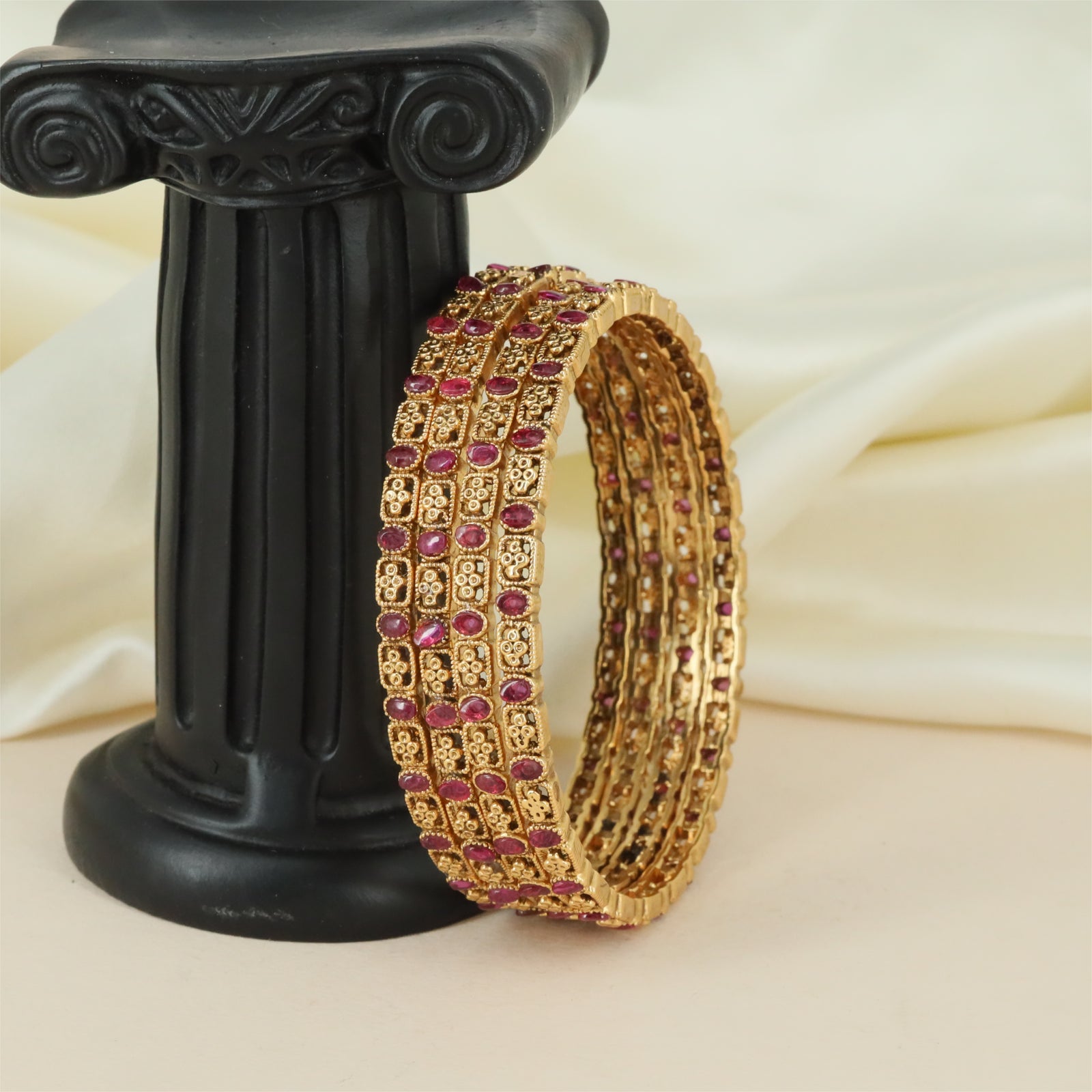 Royal Block Antique Bangles with Rectangular Panel Rows and Oval Accents