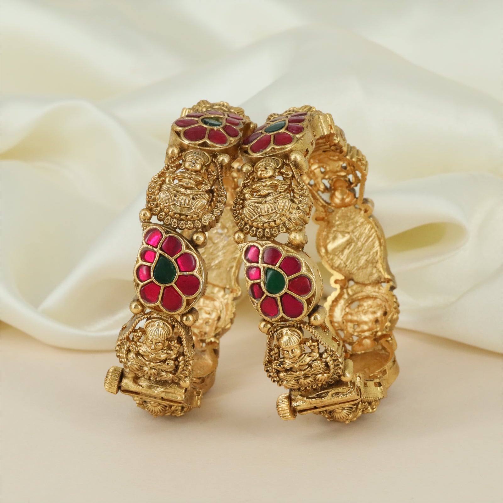 Beaded Lakshmi Antique Bangles with Temple Surface Pattern and Mesh Texture