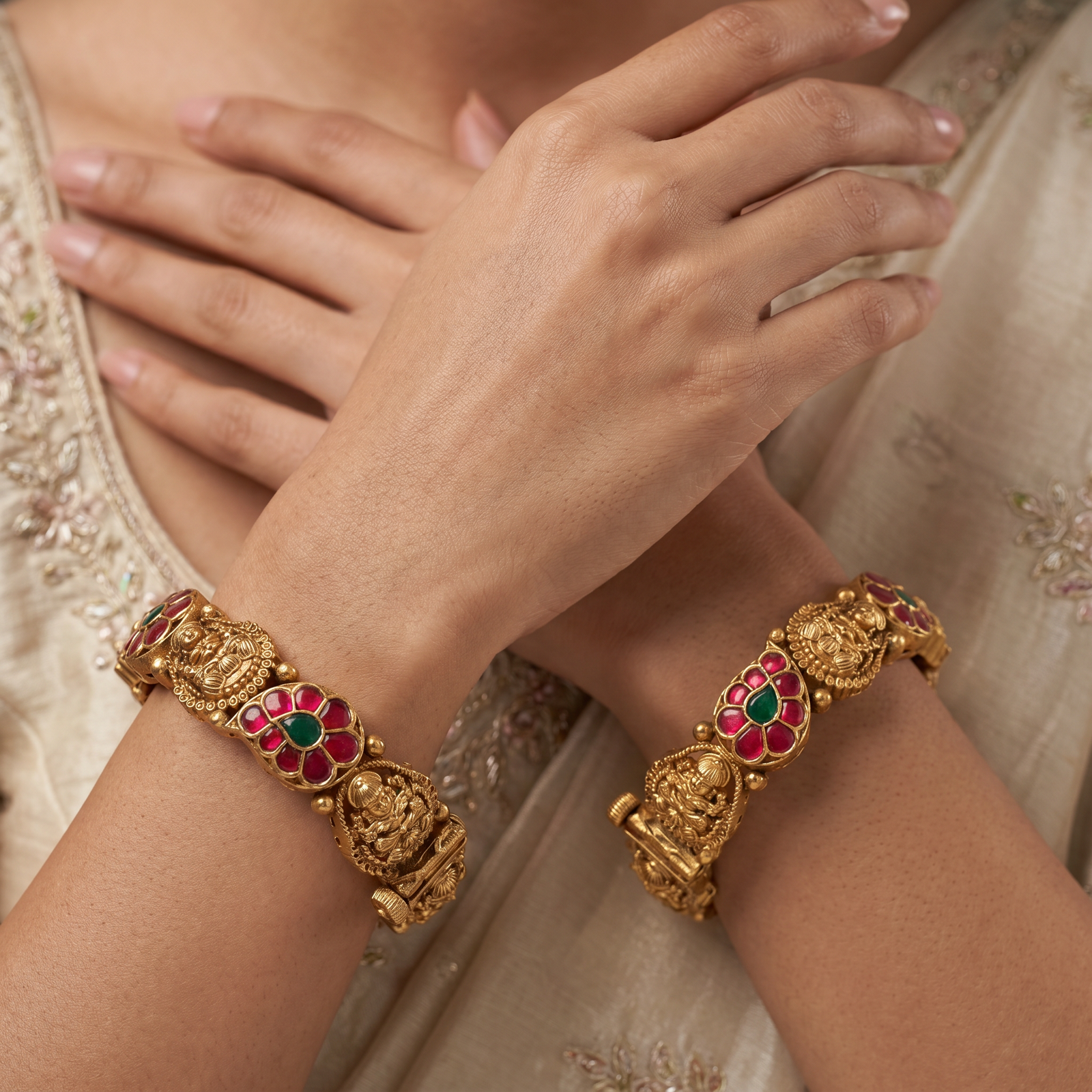 Beaded Lakshmi Antique Bangles with Temple Surface Pattern and Mesh Texture
