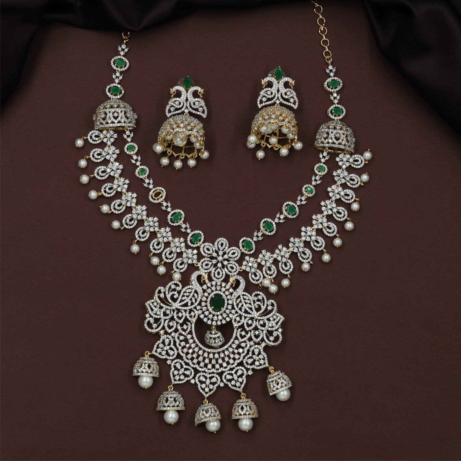 Grand Peacock GJ Necklace with Floral Stone Fringe Detailing