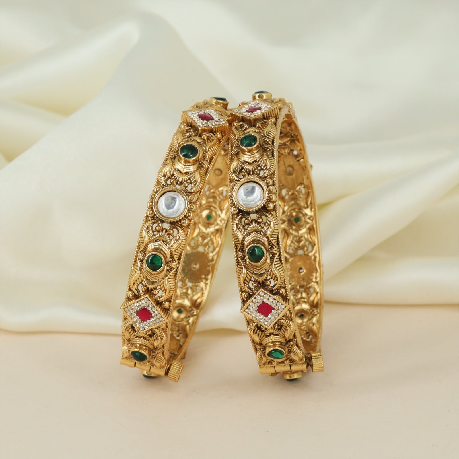 Vintage Mesh Antique Bangles with Floral Connectors and Structured Borders