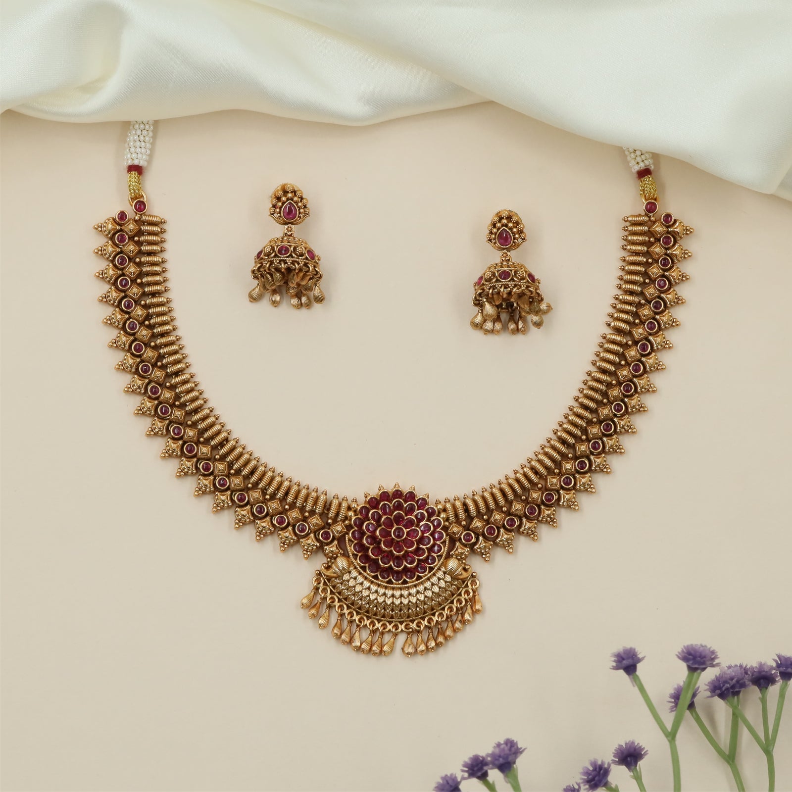 Prestige Floral Disc Antique Necklace with Traditional Fringe Layout