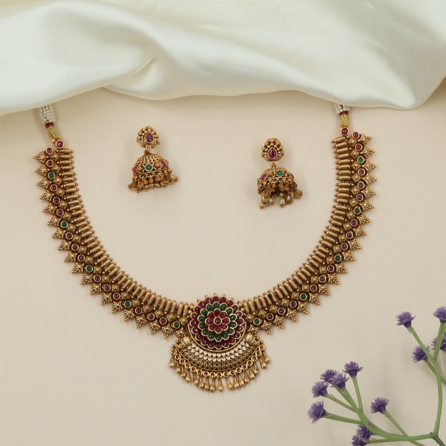 Prestige Floral Disc Antique Necklace with Traditional Fringe Layout