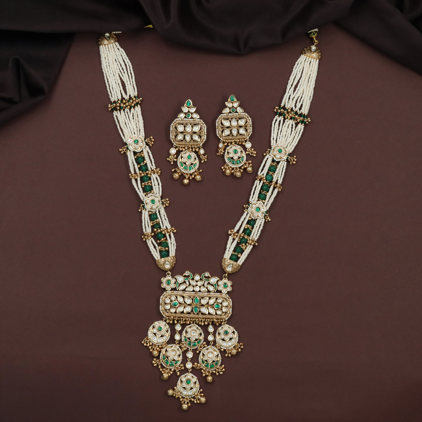 Multi Strand Kundan Pearl Long Haara with Ornamental Drop Accents