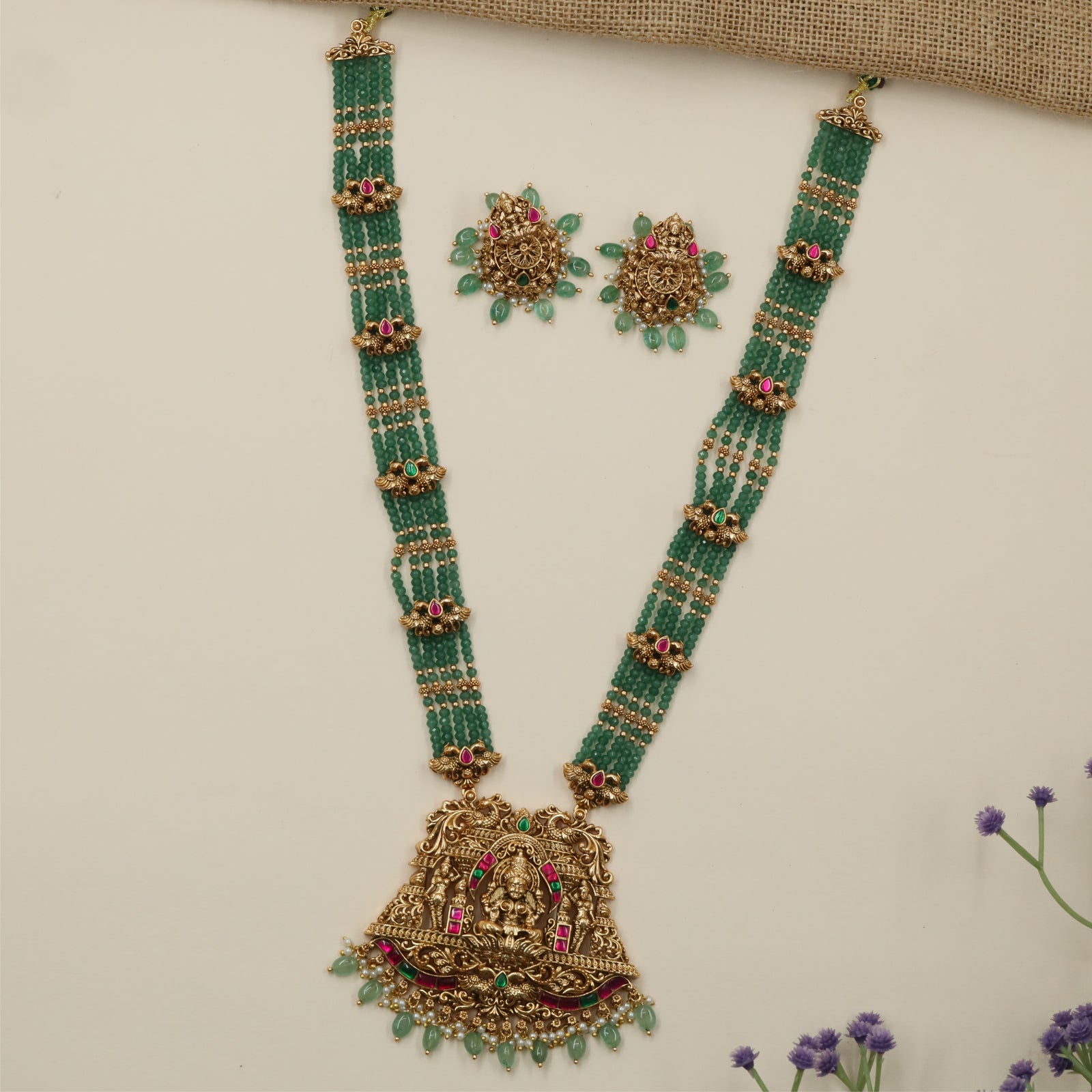 Layered Bead Antique Beads Long Haara with Lakshmi Pendant Detailing