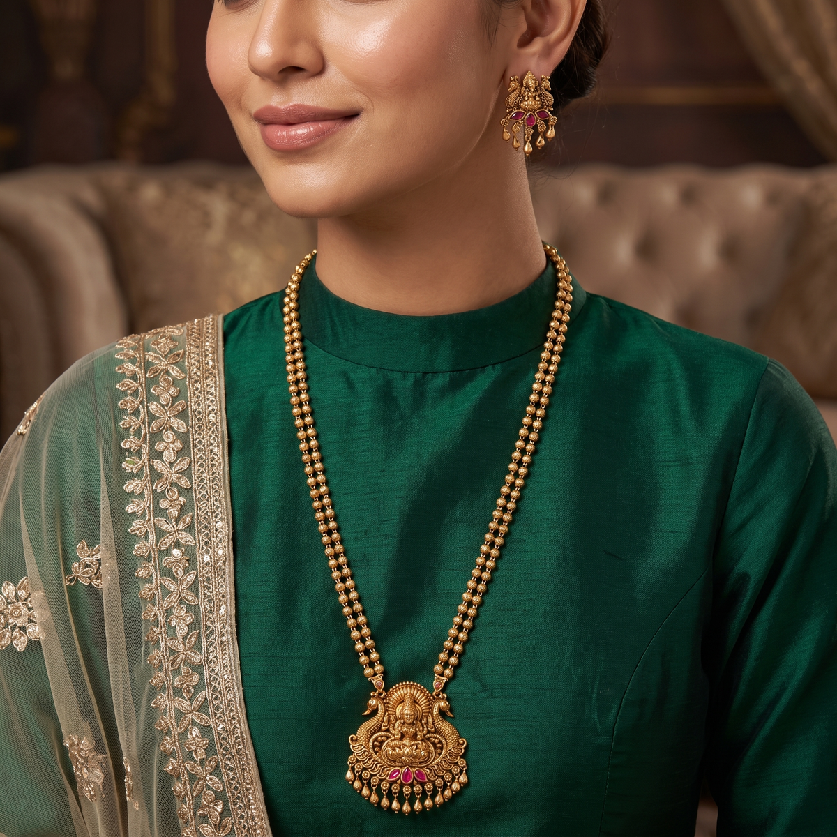 Ornamental Temple Layout Antique Chain With Lakshmi Motif Detailing