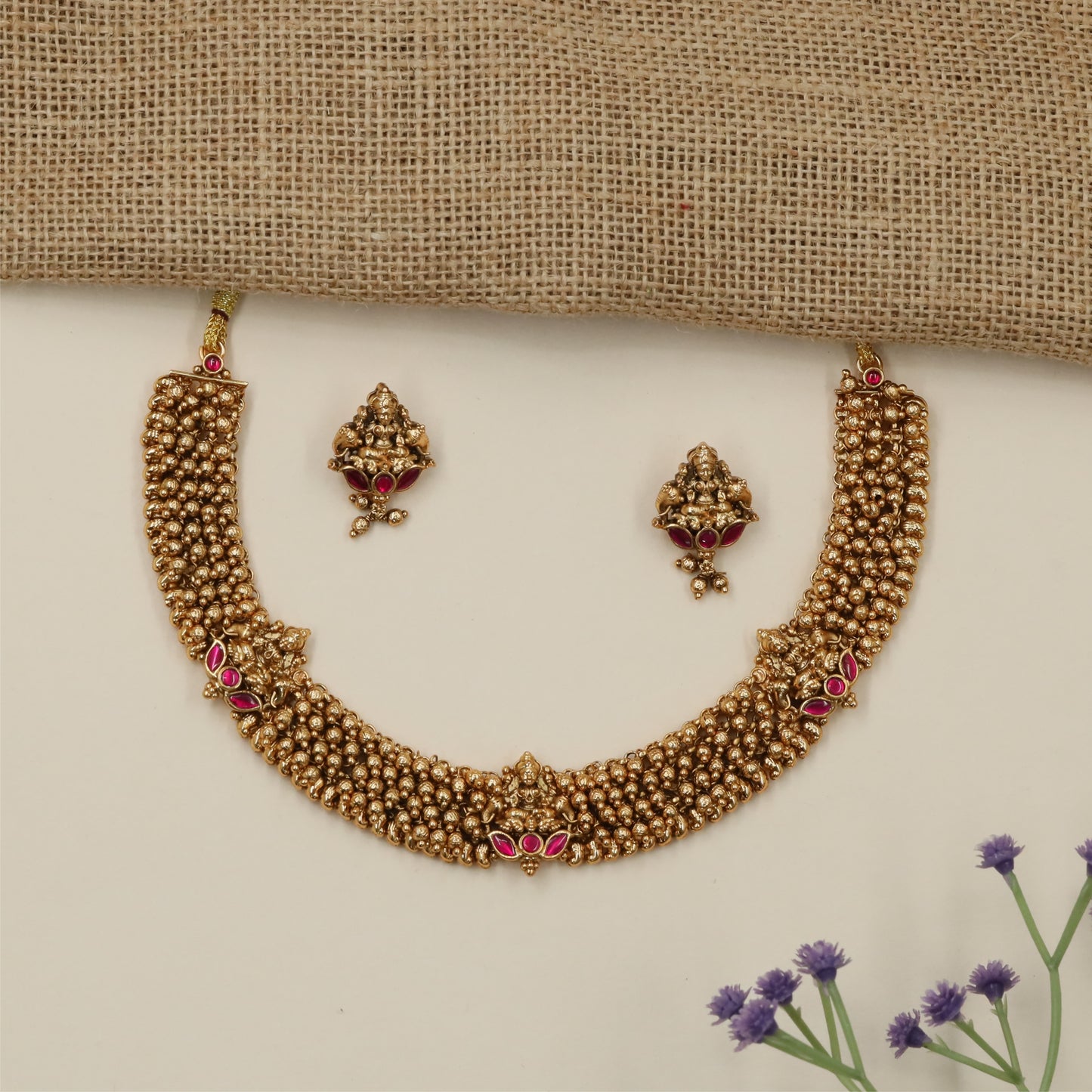 Bridal Ball Weave Antique Necklace with Floral Center Highlights