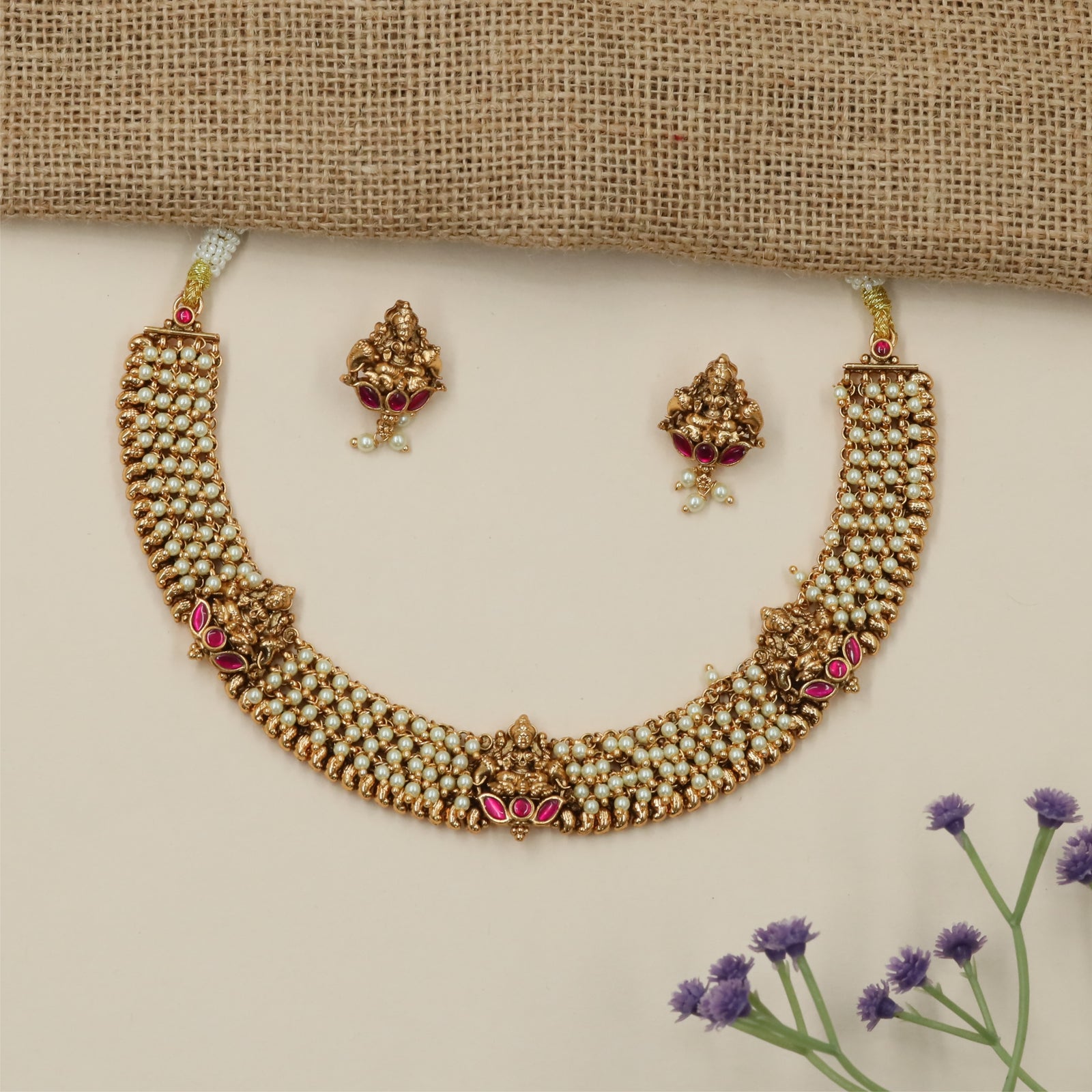 Bridal Ball Weave Antique Necklace with Floral Center Highlights