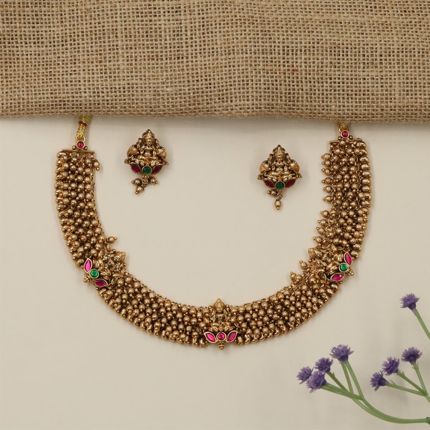 Bridal Ball Weave Antique Necklace with Floral Center Highlights