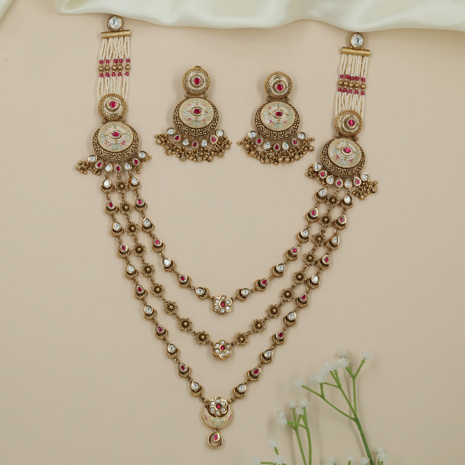 Cascade Kundan Long Haara with Triple Drop Chains