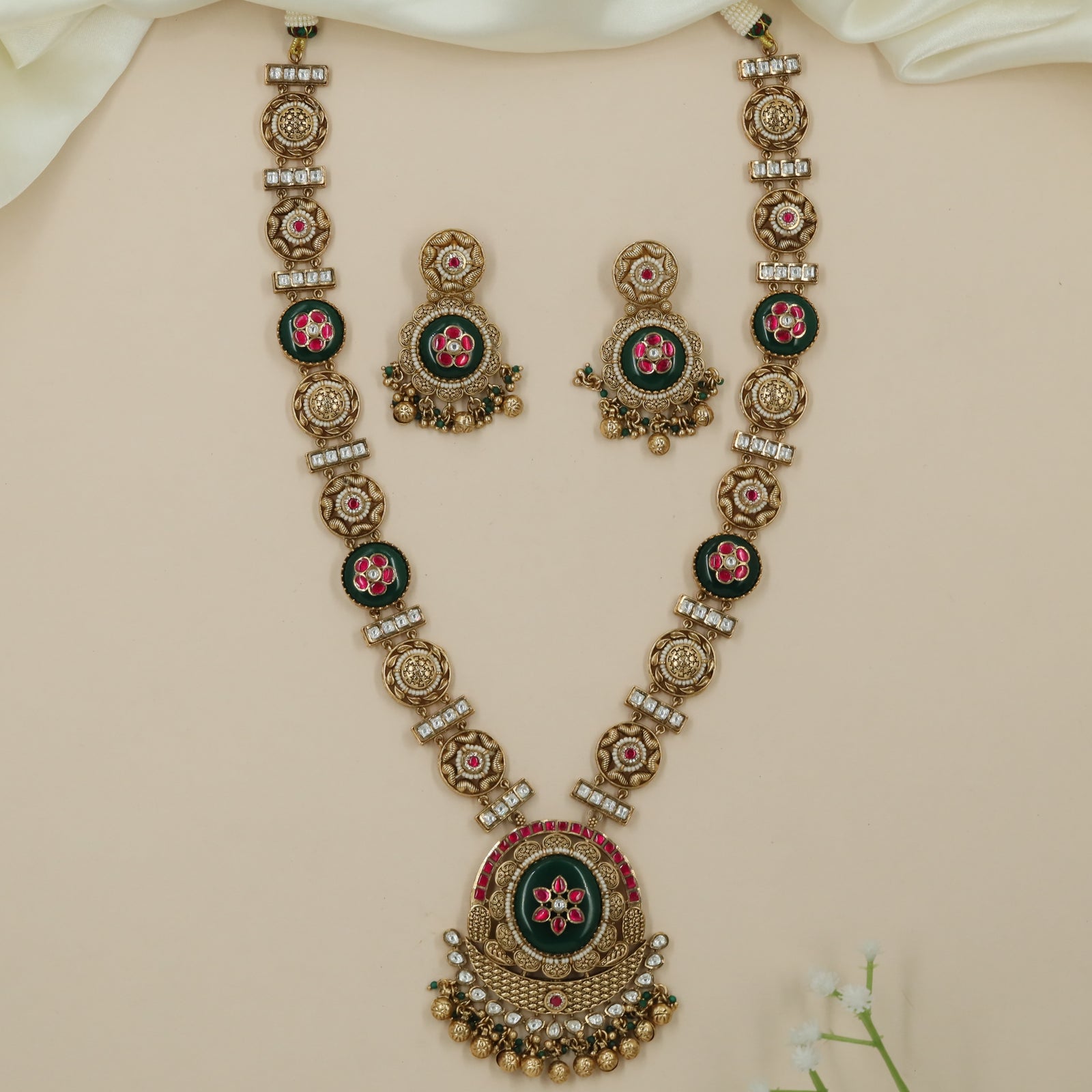 Glide Disc Kundan Long Haara with Repeating Floral Connectors