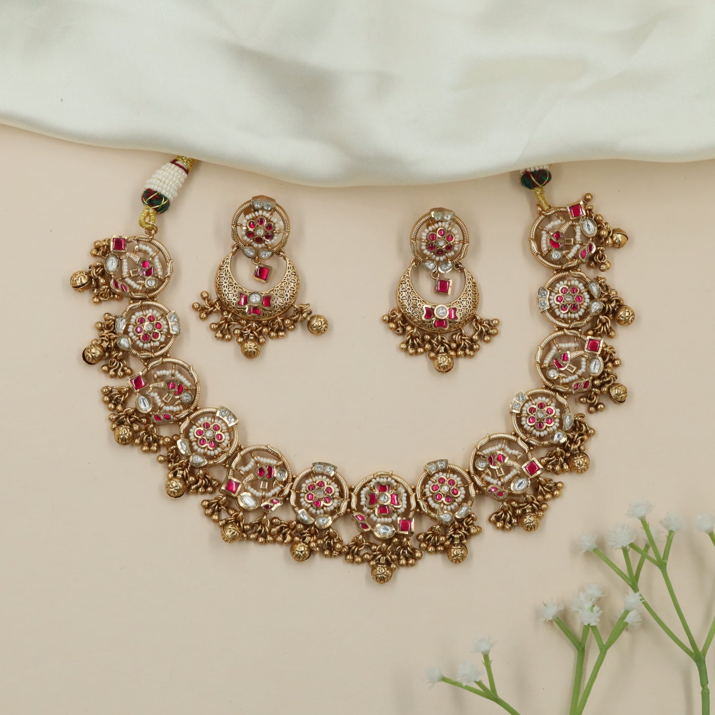 Lattice Border Kundan Necklace with Hanging Ball Clusters