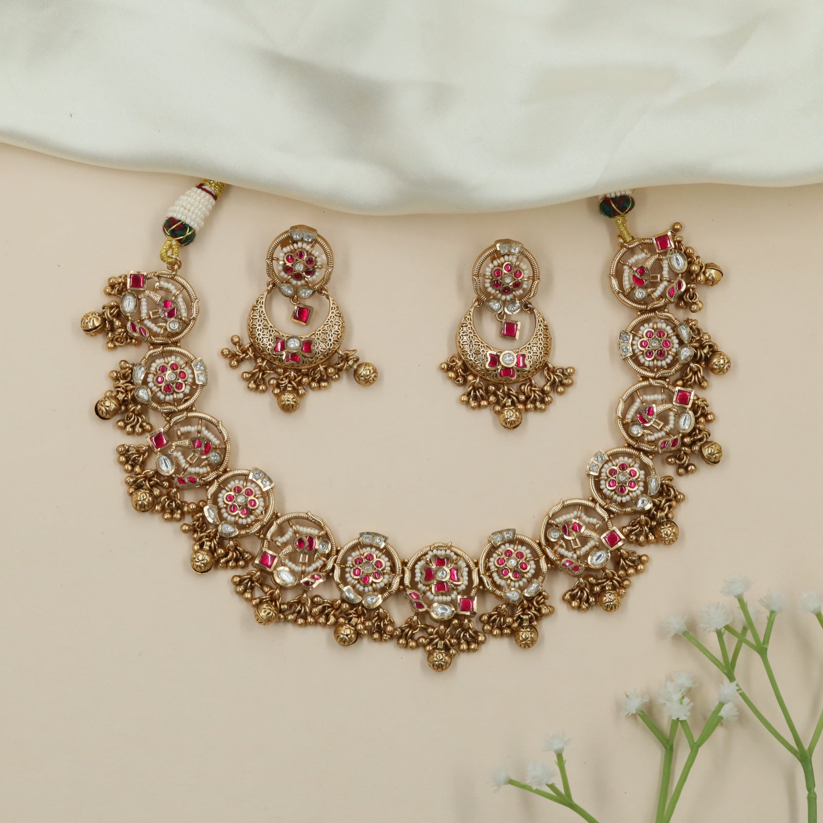 Lattice Border Kundan Necklace with Hanging Ball Clusters