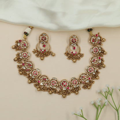 Lattice Border Kundan Necklace with Hanging Ball Clusters