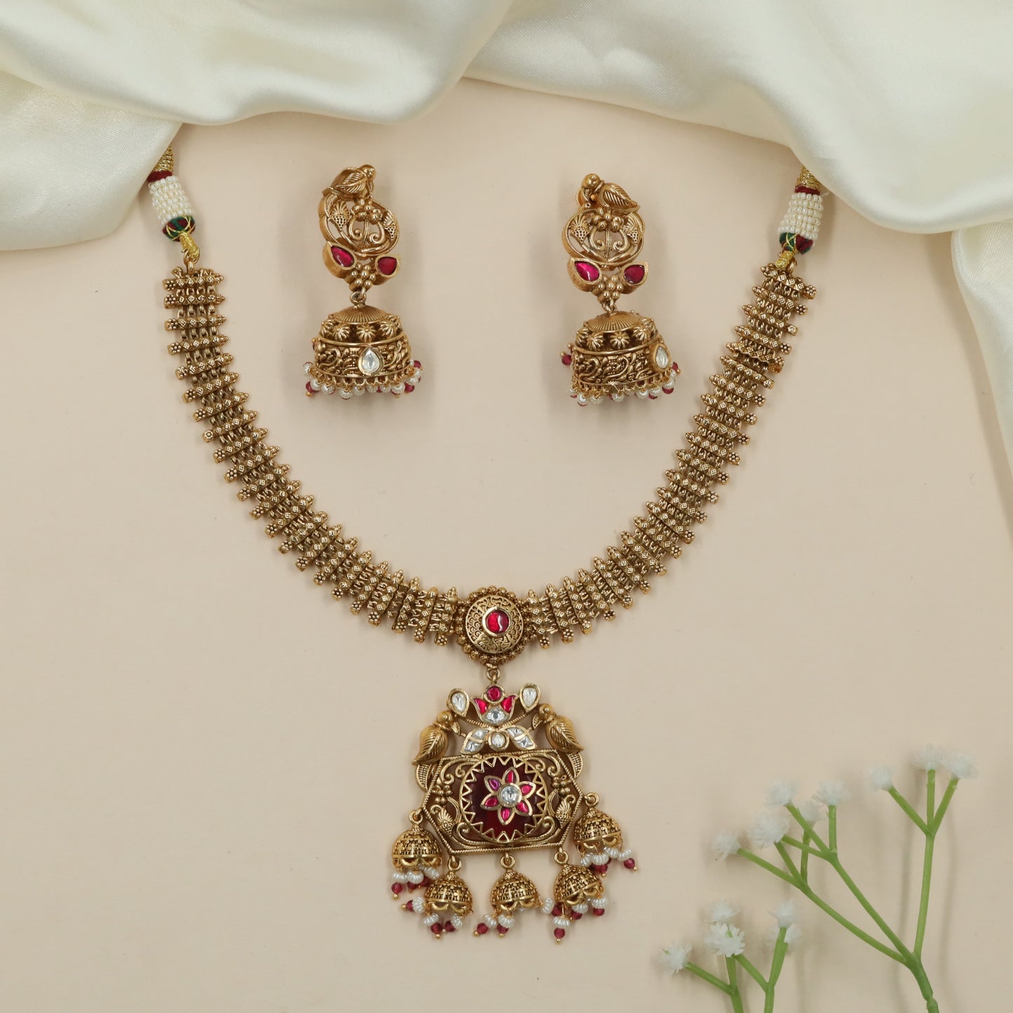 Charm Peacock Kundan Necklace with Temple Pendant Fringe