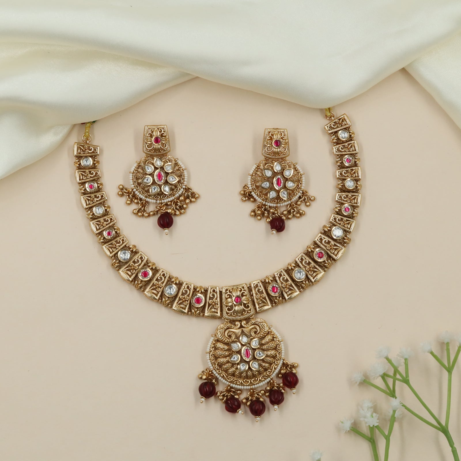 Jewelcrest Tile Kundan Necklace with Layered Bead Drops