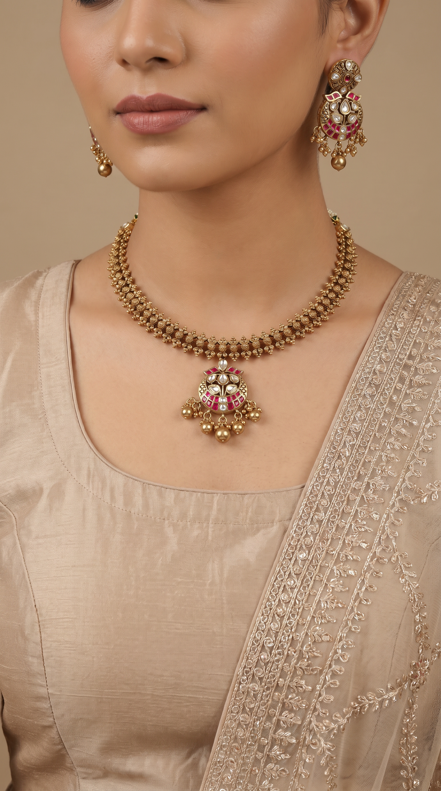 Bloomline Kundan Necklace with Dense Flower Chain Detailing