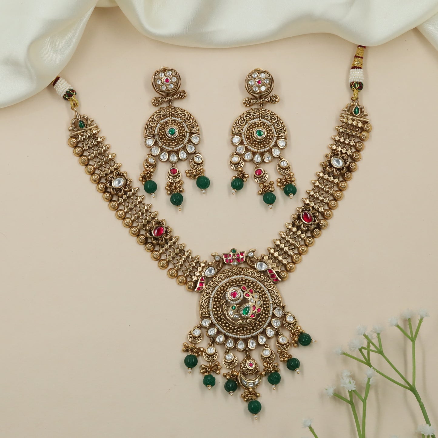 Glowframe Kundan Necklace with Green Bead Fringe Detailing