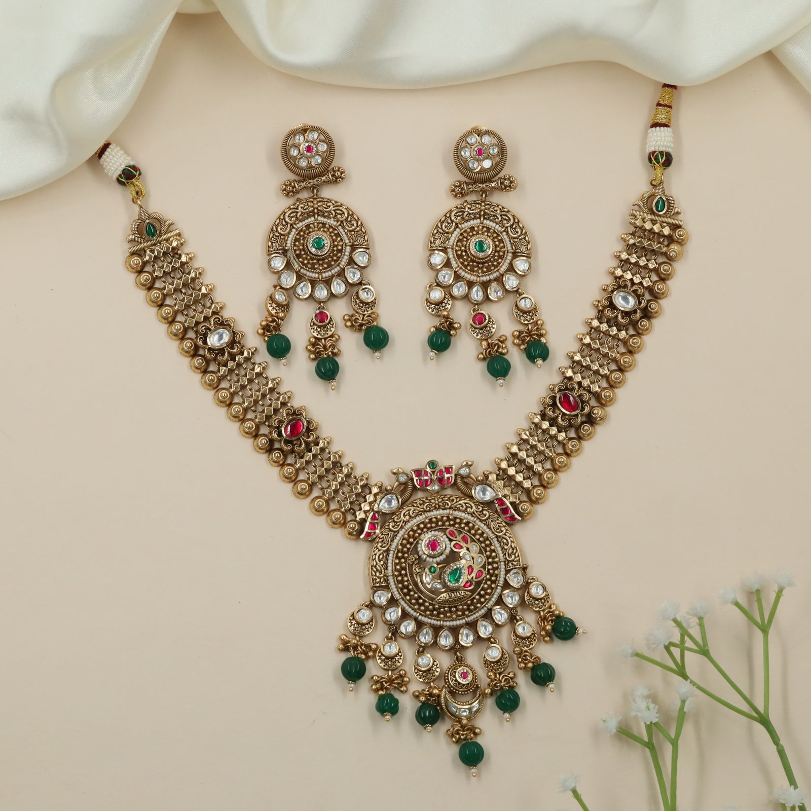 Glowframe Kundan Necklace with Green Bead Fringe Detailing