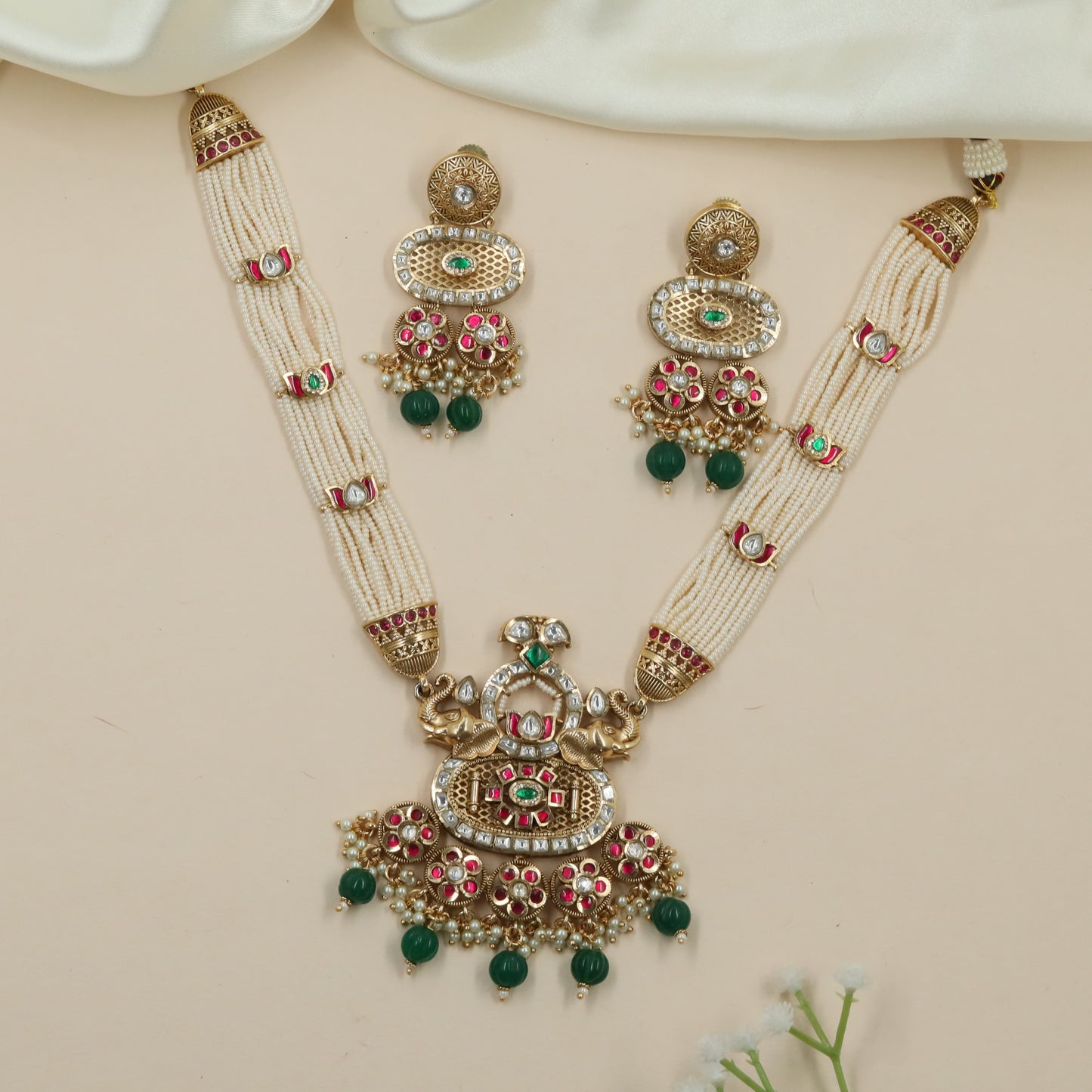 Crowned Elephant Kundan Pearl Necklace with Multi Strand Pearl Layers