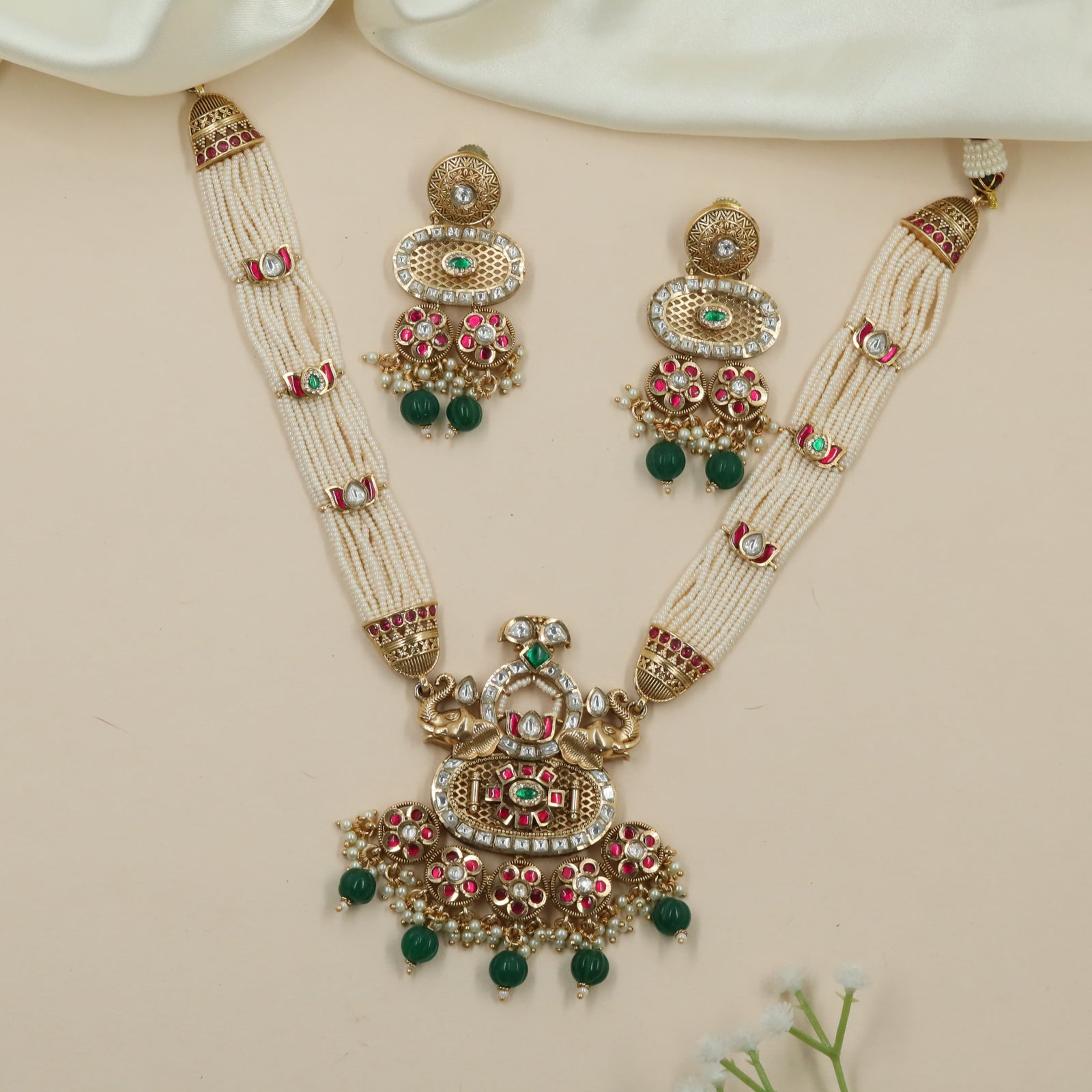 Crowned Elephant Kundan Pearl Necklace with Multi Strand Pearl Layers