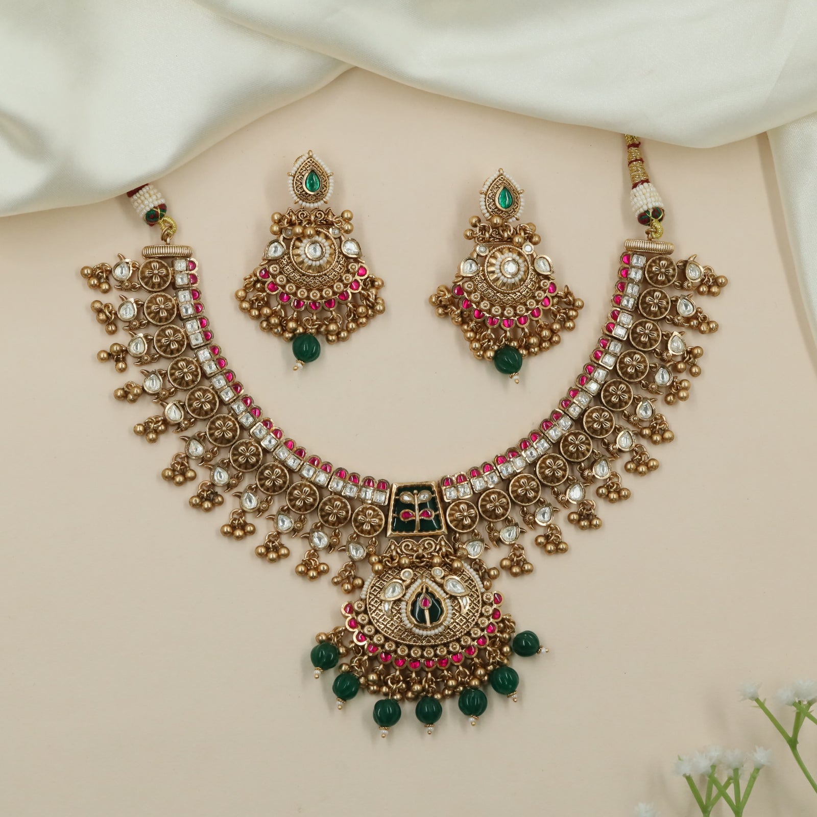 Premium Archline Kundan Necklace with Side Drop Clusters and Broad Centerpiece