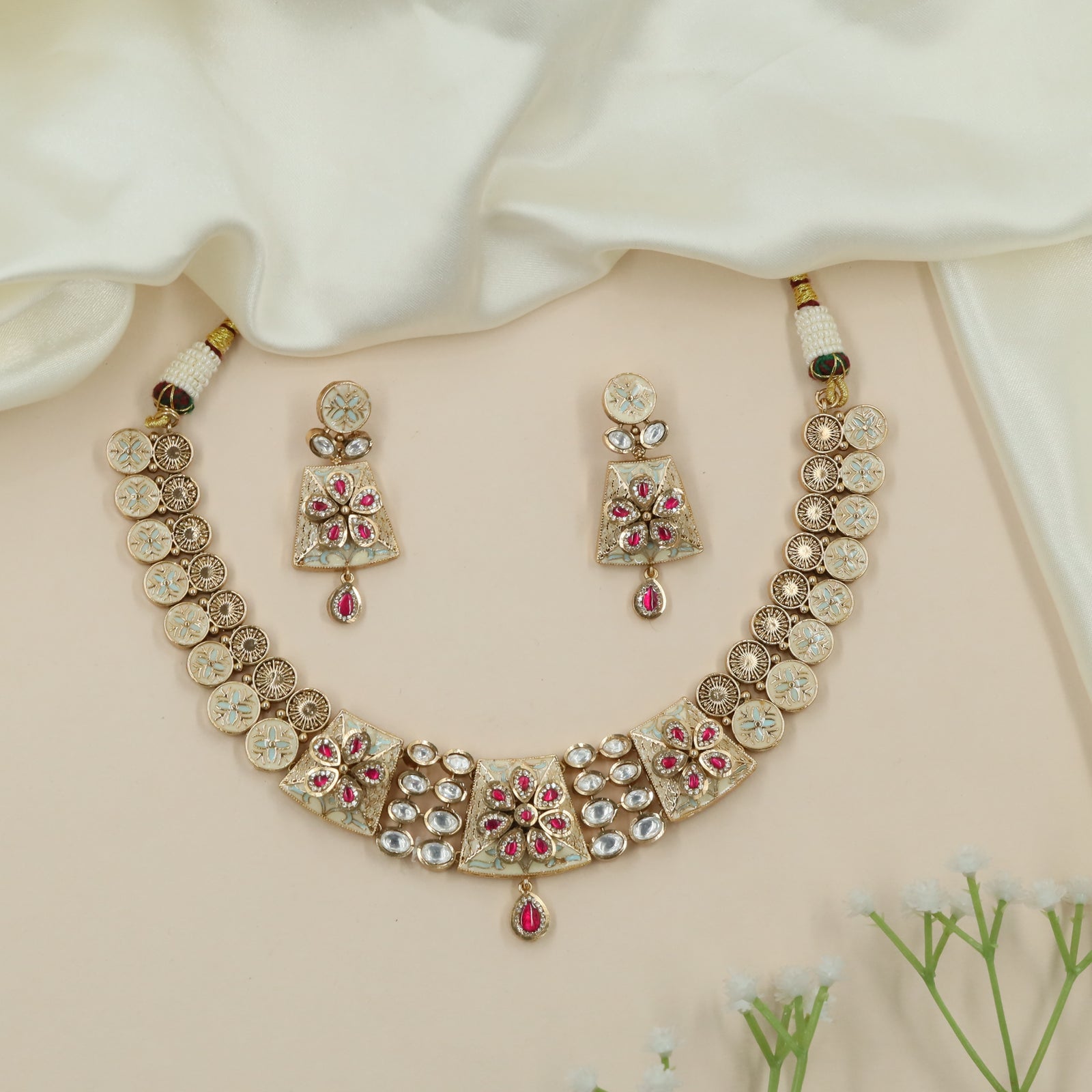 Elite Grid Kundan Necklace with Coin Connectors and Structured Centerpiece