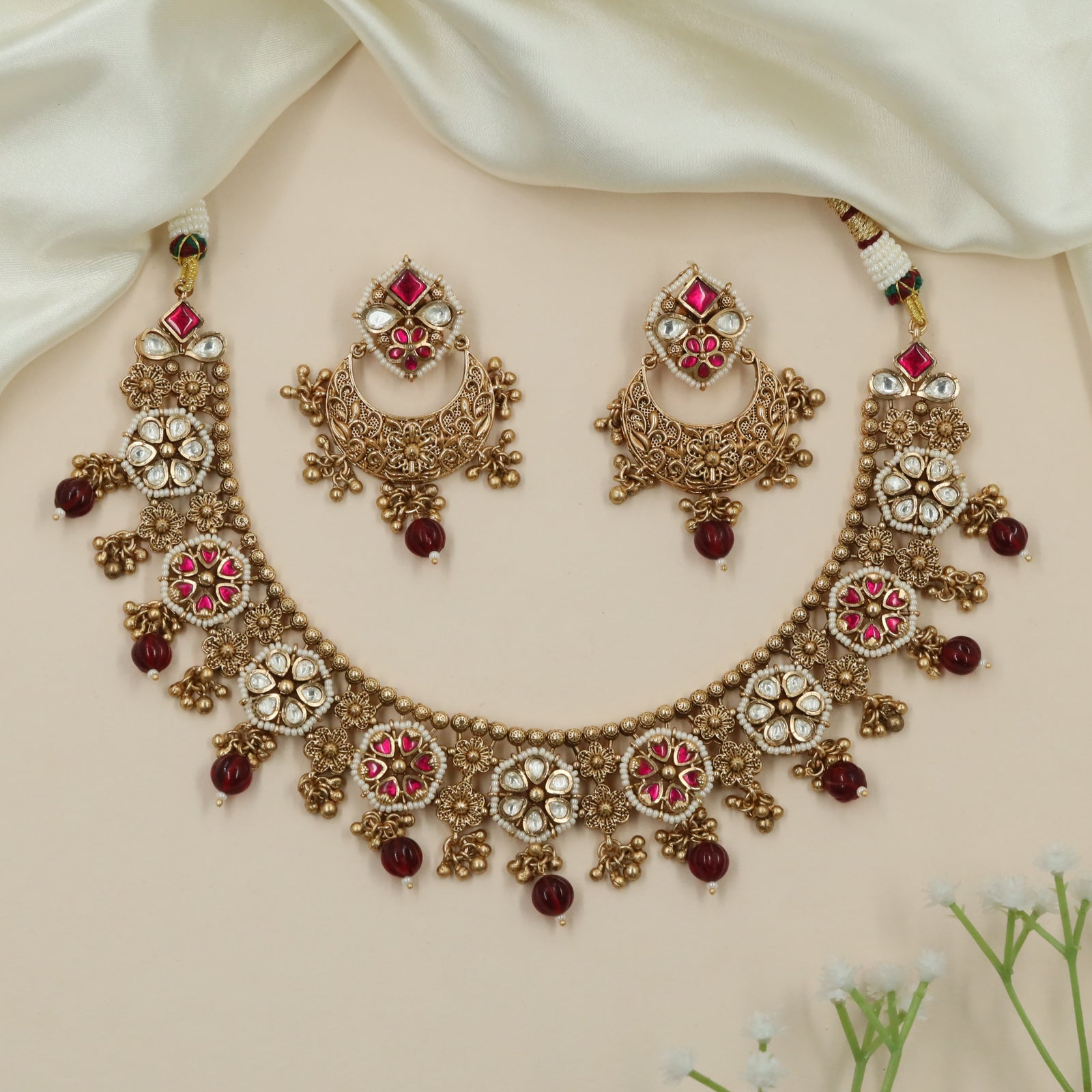 Heritage Border Kundan Necklace with Floral Connectors and Drop Fringe
