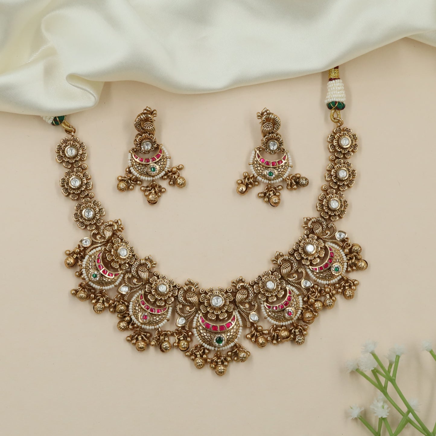Glowscroll Kundan Necklace with Hanging Ball Clusters