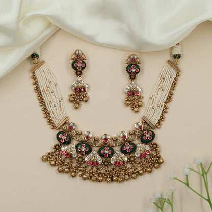 Grid Border Kundan Pearl Choker with Coin Style Connectors
