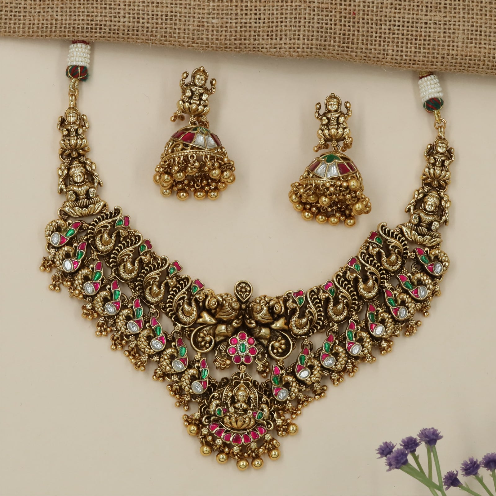 Temple Lakshmi Peacock Antique Necklace Set