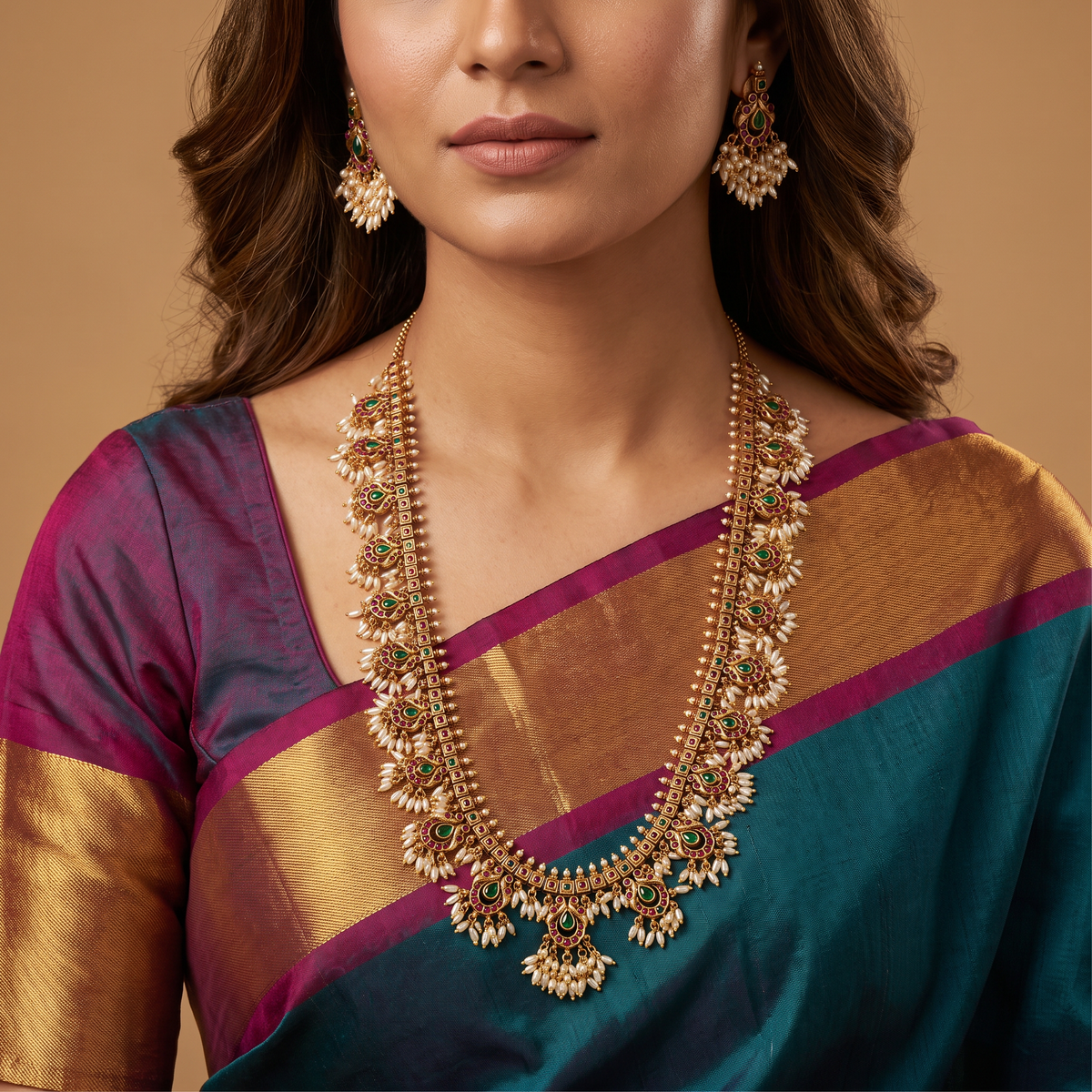 Granulated Border Antique Long Haara with Hanging Pearl Drop Layout