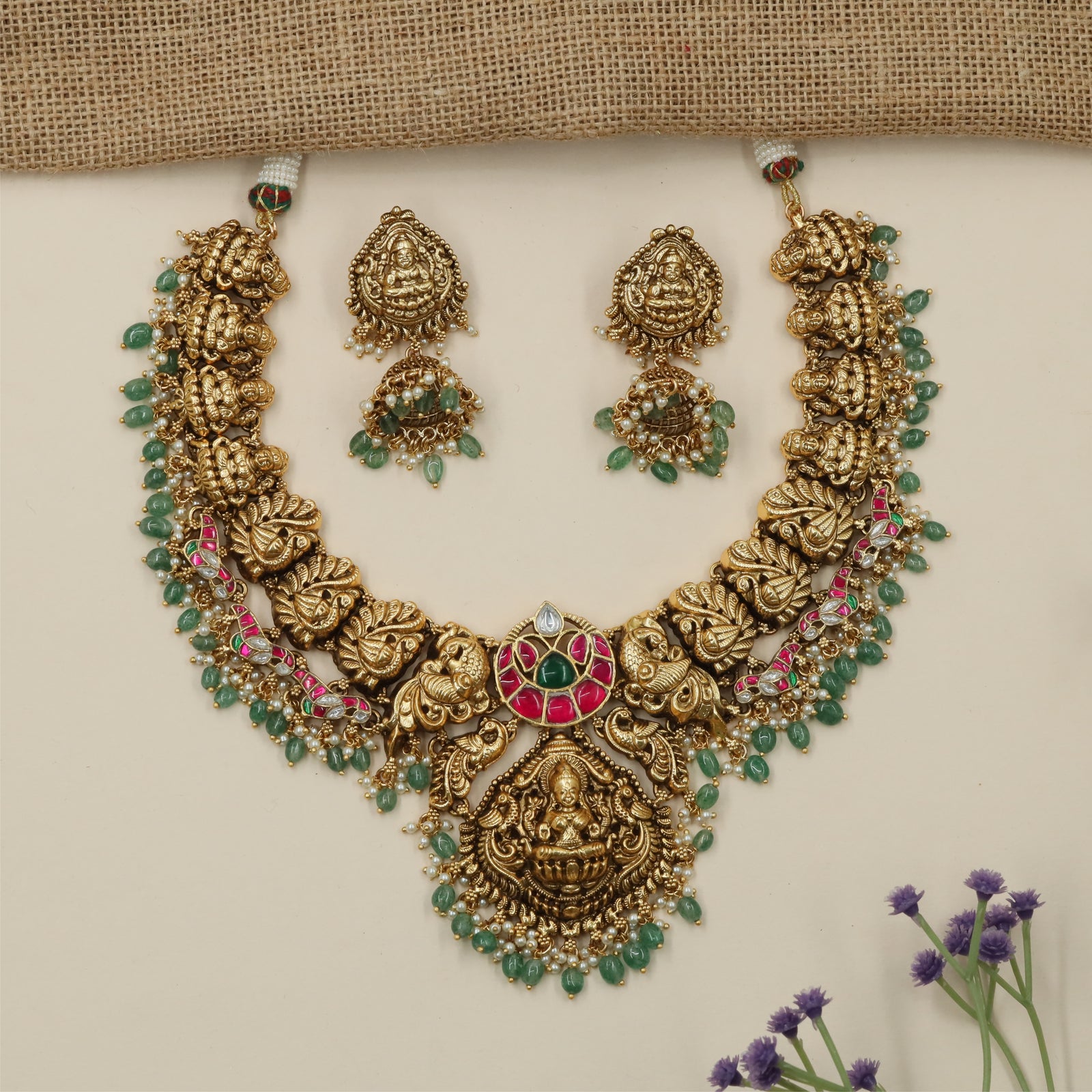 Lakshmi Peacock Carving Necklace with Hanging Fringe Borders