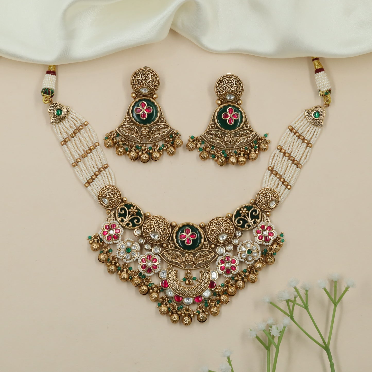 Meenakari Panel Kundan Pearl Choker with Layered Pearl Strands