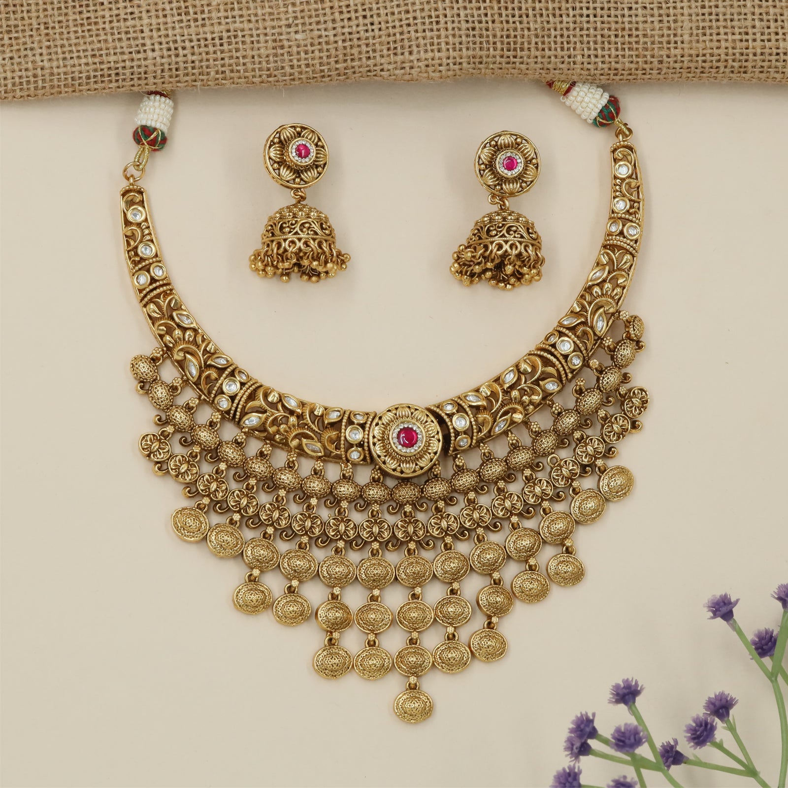 Intricate Multi Strand Antique Necklace with Decorative Ball Fringe