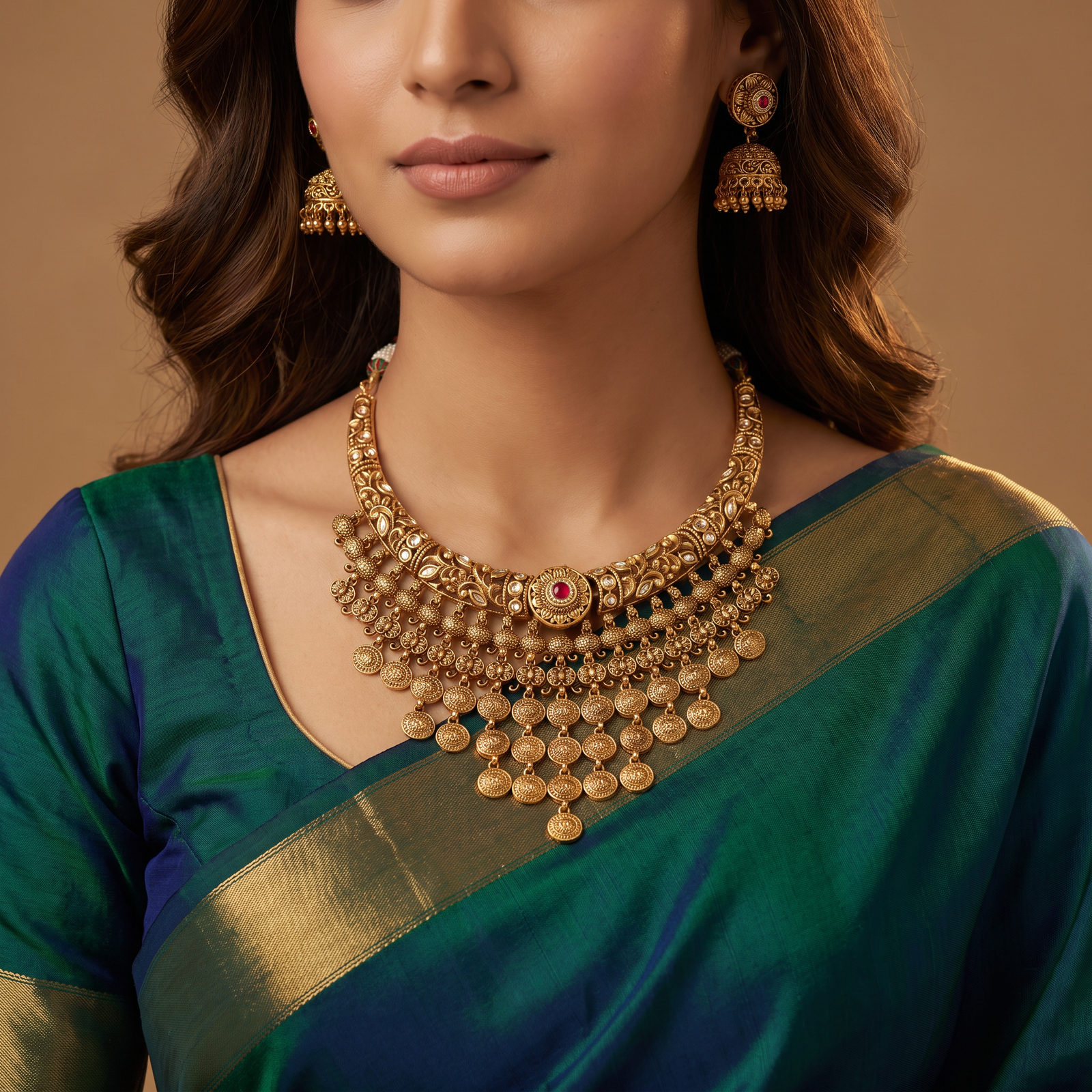 Intricate Multi Strand Antique Necklace with Decorative Ball Fringe