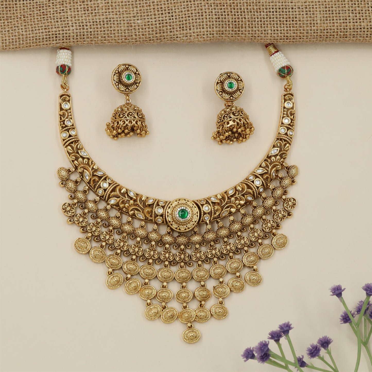 Intricate Multi Strand Antique Necklace with Decorative Ball Fringe