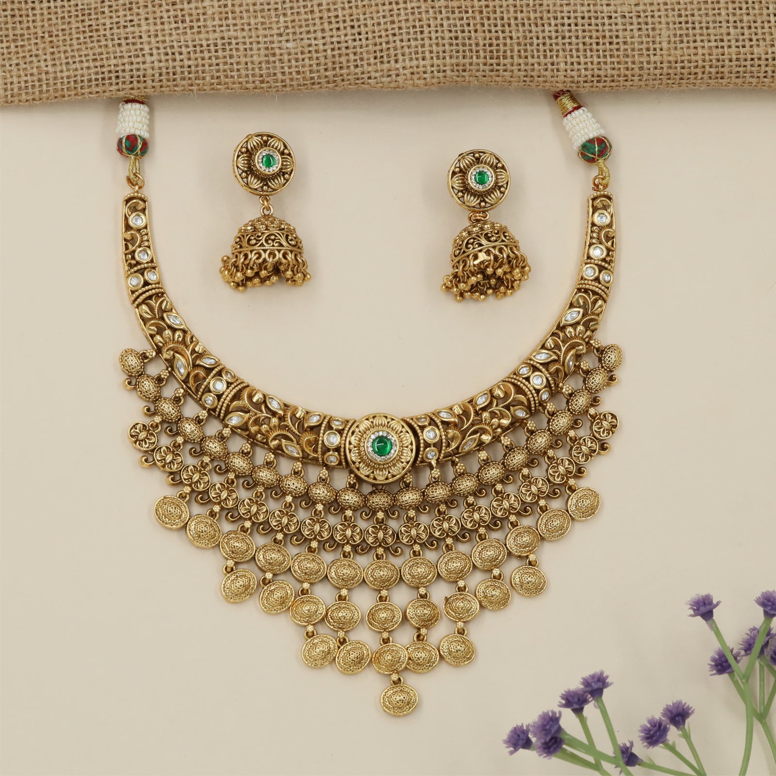 Intricate Multi Strand Antique Necklace with Decorative Ball Fringe