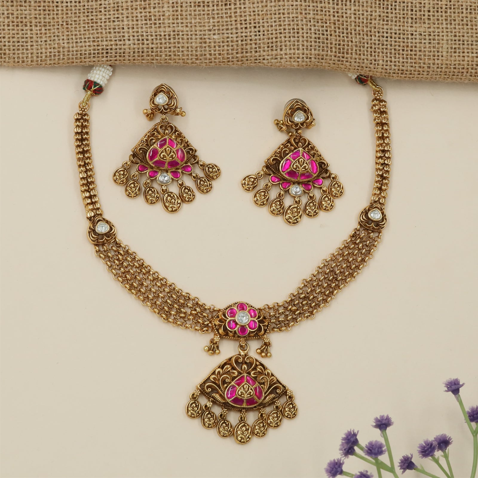 Granulated Floral Antique Necklace with Ornamental Fringe Pendant