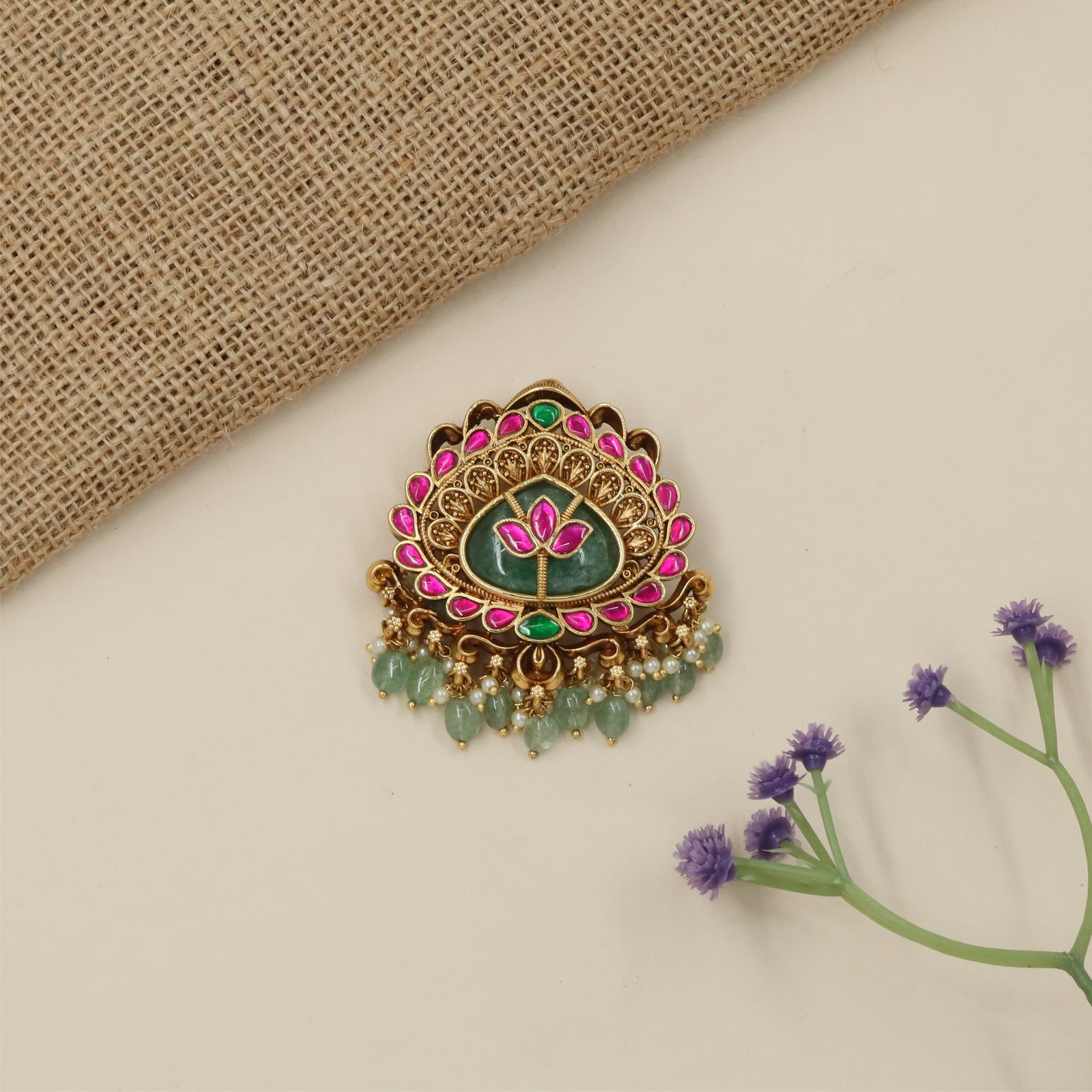 Signature Floral Frame Antique Jade Bille with Decorative Dropwork