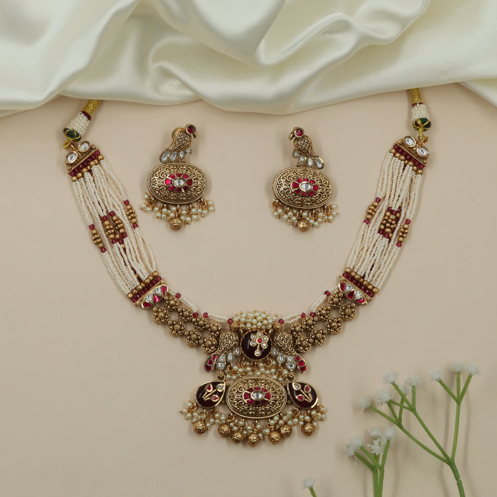 Floral Pearl Kundan Choker with Grand Pendant Fringe