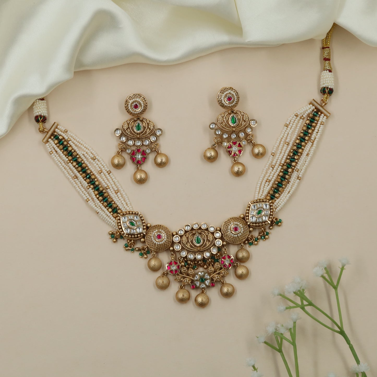 Drape Pearl Kundan Choker with Floral Connector Detailing