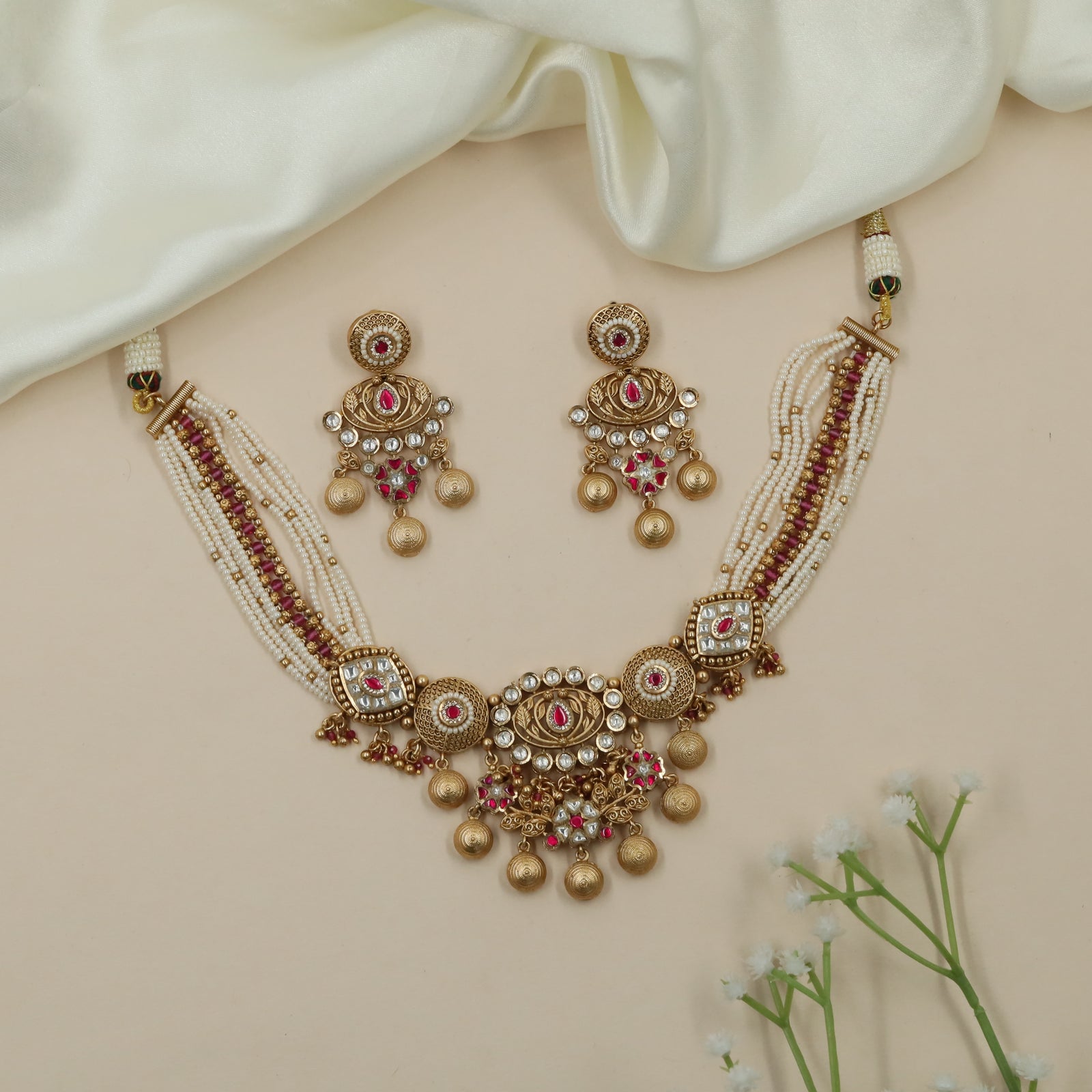 Drape Pearl Kundan Choker with Floral Connector Detailing