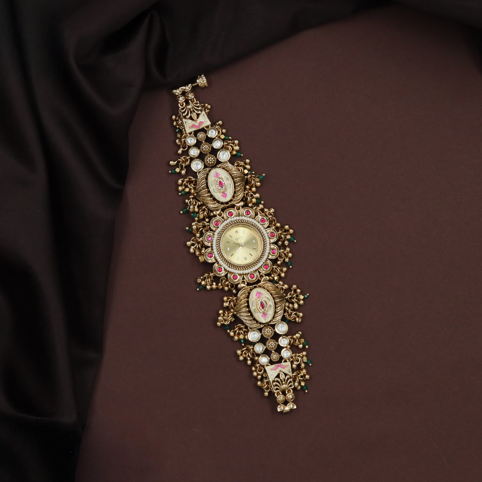 Classic Floral Dial Kundan Watch with Decorative Antique Work