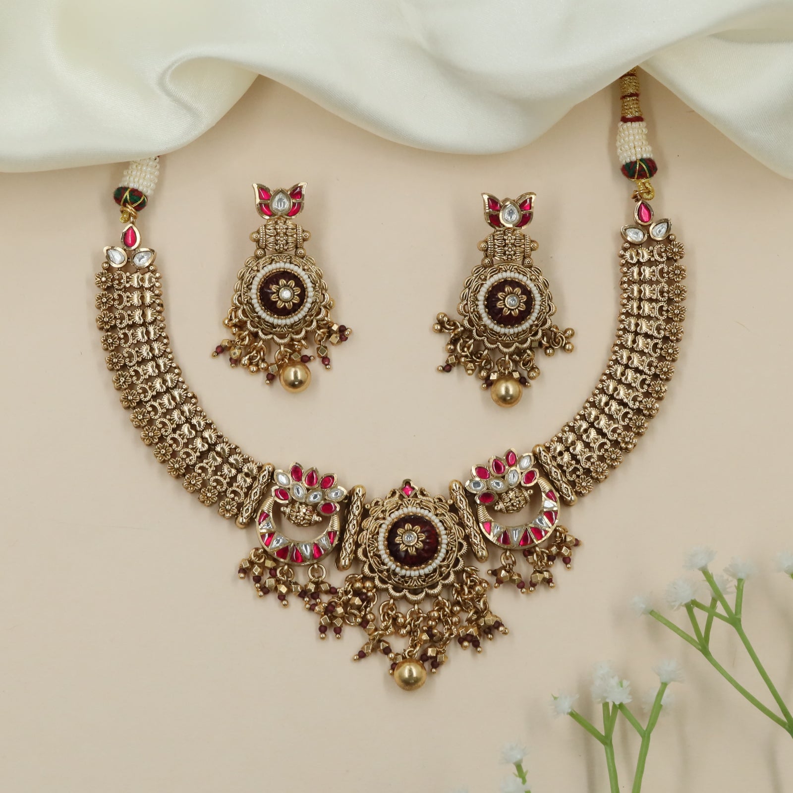Floral Border Kundan Necklace with Dense Hanging Fringe