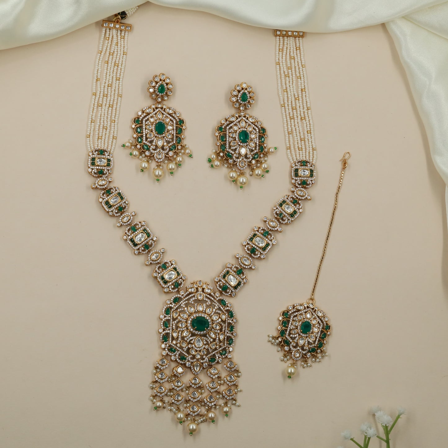 Hexa Border Kundan Pearl Long Haara with Rectangular Connector Panels