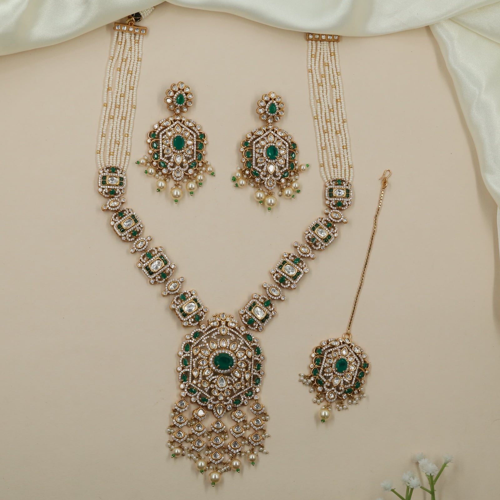 Hexa Border Kundan Pearl Long Haara with Rectangular Connector Panels