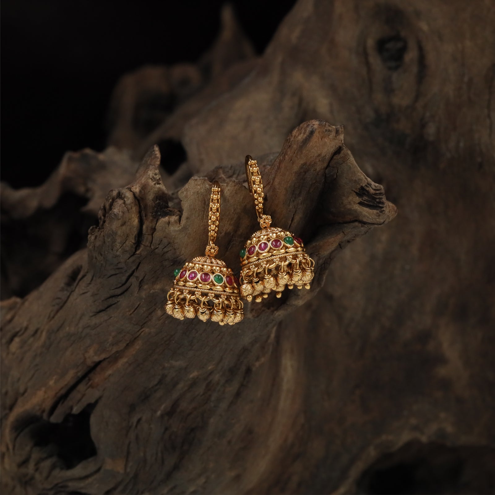 Luxury embellished antique jumka with repeating bead artistry