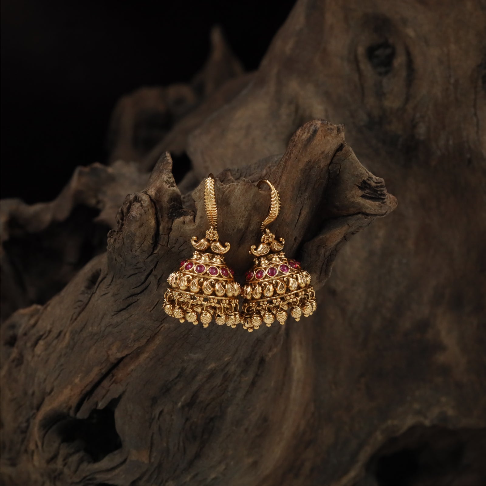 Temple antique jumka with ornate bead clusters